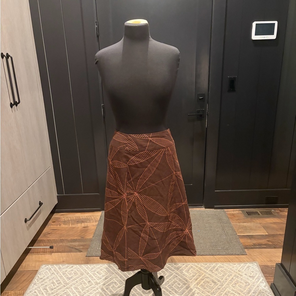 Linen Blend Brown Leaf Print A-Line Skirt Size 12 Boho